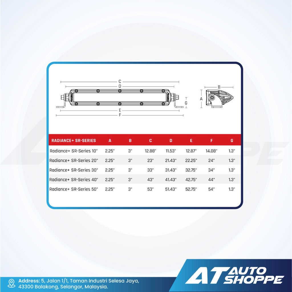Technical drawing and dimensions chart for Rigid Radiance SR-Series products with AT Auto Shoppe branding.