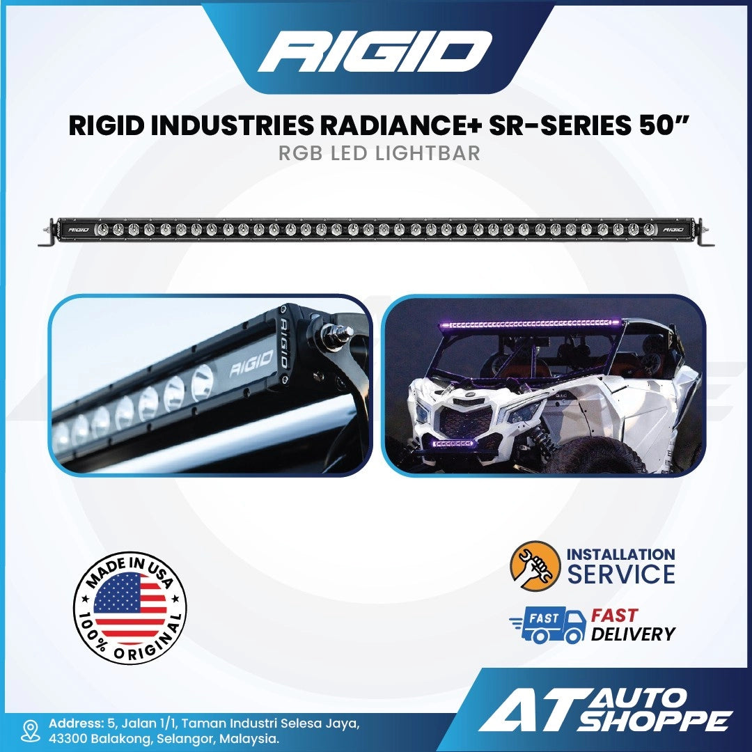 Rigid Industries Radiance+ SR-Series 50 inch RGB LED lightbar with AT Auto Shoppe branding on a white background.