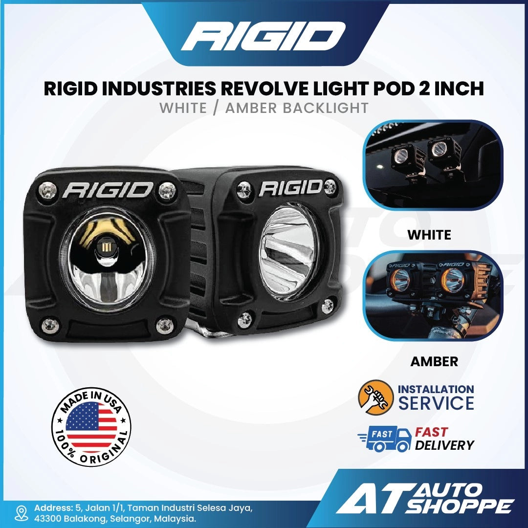 Rigid Industries Revolve light pod with white and amber backlight on a promotional background.