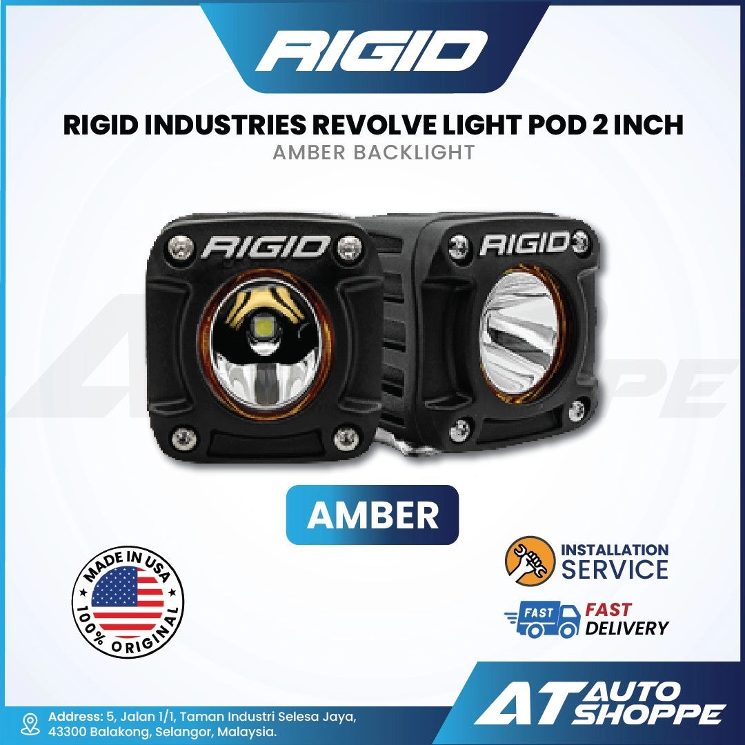 Rigid Industries Revolve light pod with amber backlight on a white background