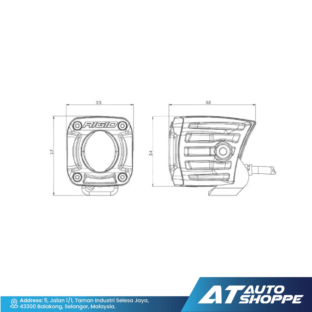Technical drawing of Rigid Industries light component with dimensions, featuring the AT Auto Shoppe logo.