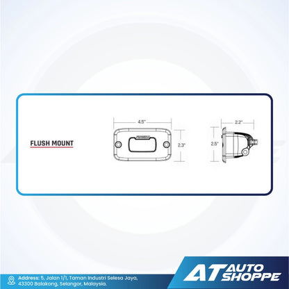 Technical drawing of a flush mount component with dimensions on a white background, featuring the AT Auto Shoppe logo.