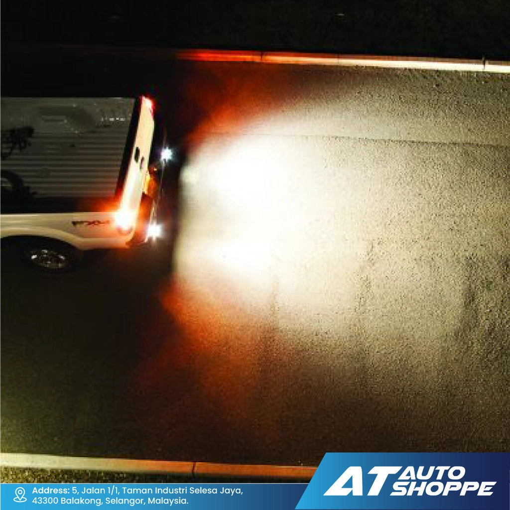 Car driving on a road at night with Rigid headlights on, showing a blurred background.