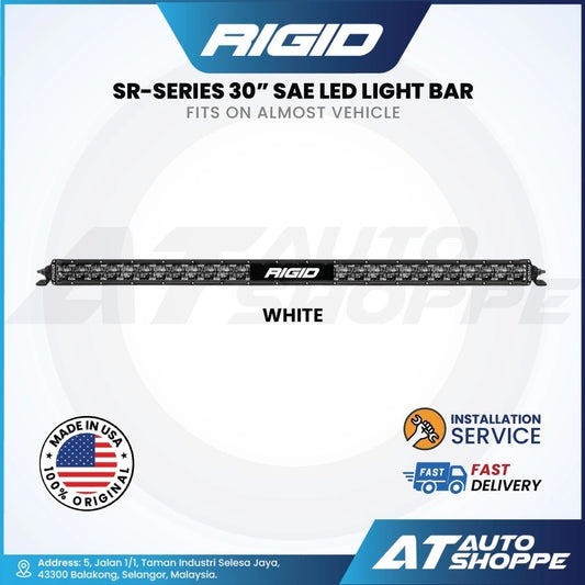 Rigid SR-Series 30 Inch SAE LED light bar packaging with branding and product details on a white background.