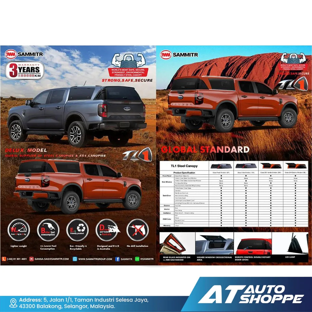 SAMMITR TL-1 Canopy For Ford Ranger Next Gen 2023 T9 XL XLT XLT+ Wildtrak Raptor