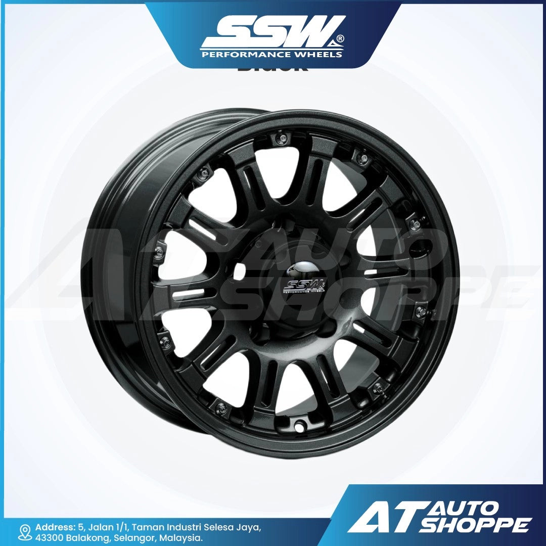 Black alloy wheel with SSW Performance Wheels logo on a white background
