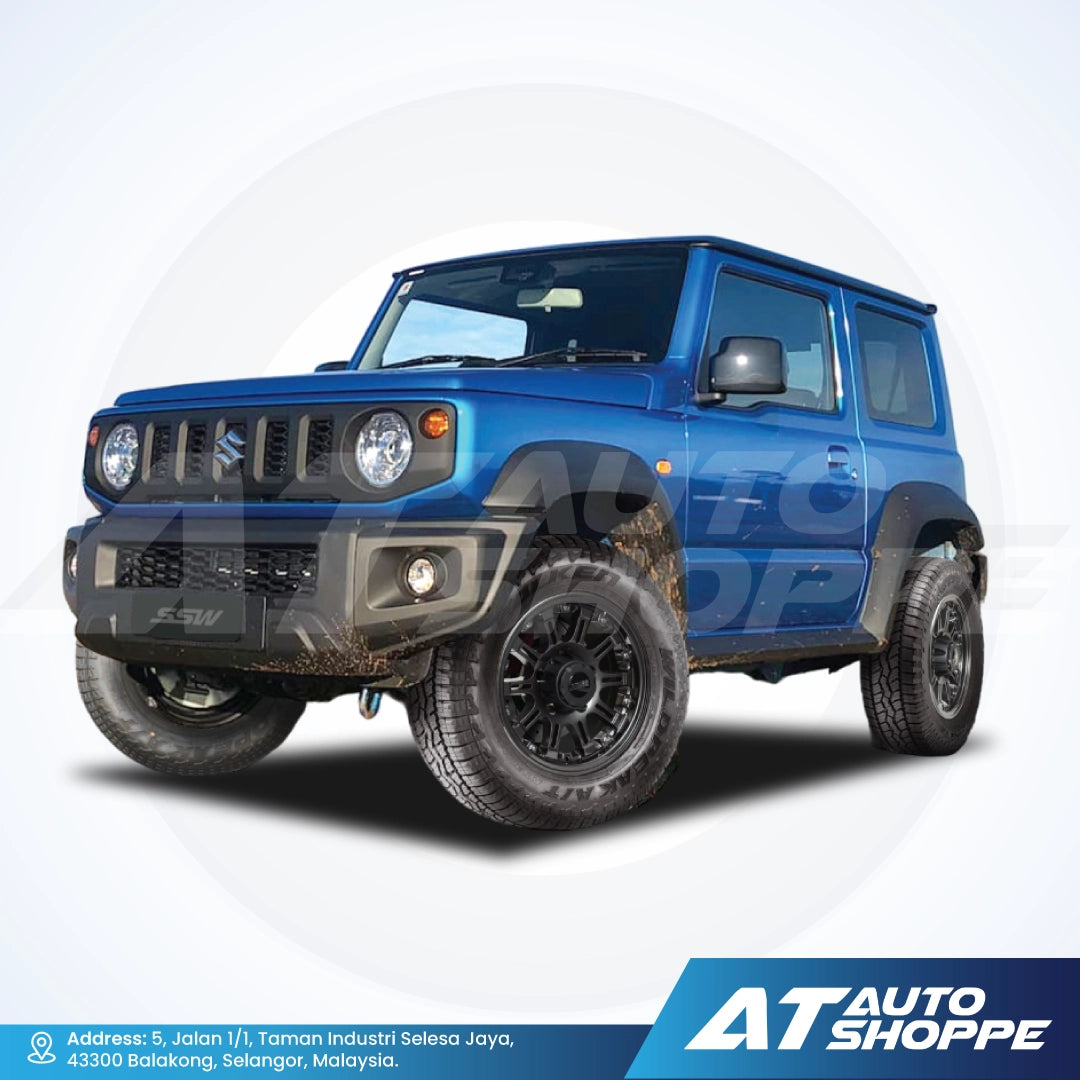 Blue SUV with mud splashes on a white background, featuring the AT Auto Shoppe logo.