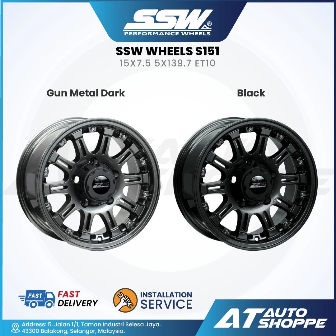 SSW Wheels S151 with two color options on a white background, featuring SSW logo and AT Auto Shoppe branding.