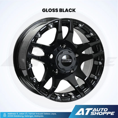 Gloss black alloy wheel on a white background with AT Auto Shoppe branding.