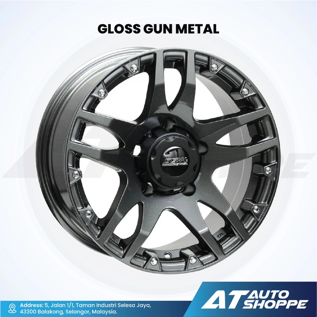 Gloss gun metal alloy wheel with AT Auto Shoppe branding on a white background