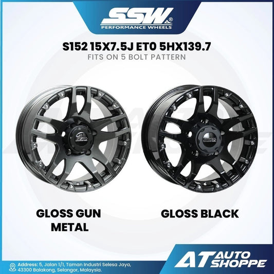 Two car wheels, one gloss gun metal and one gloss black, with SSW Performance Wheels branding.