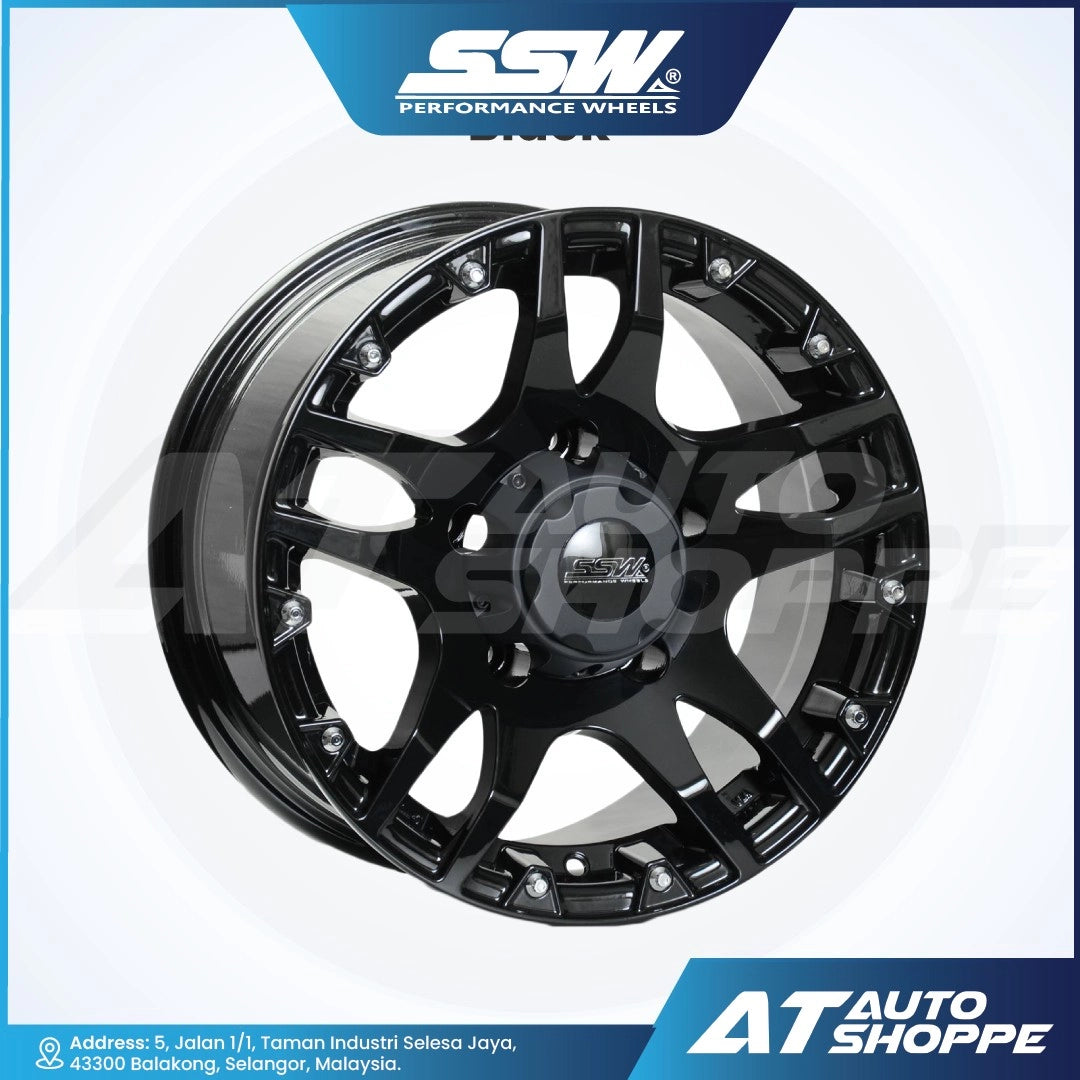 Black alloy wheel with SSW Performance Wheels logo on a white background