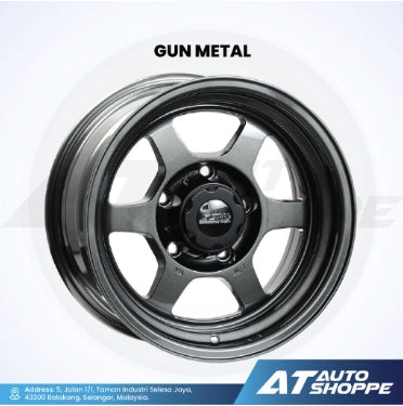 Gun metal alloy wheel on a white background with AT Auto Shoppe branding.