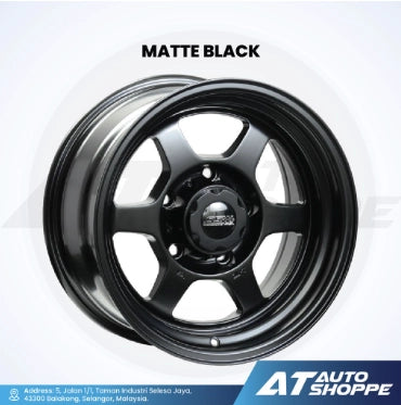 Matte black alloy wheel on a white background with 'AT Auto Shoppe' branding.