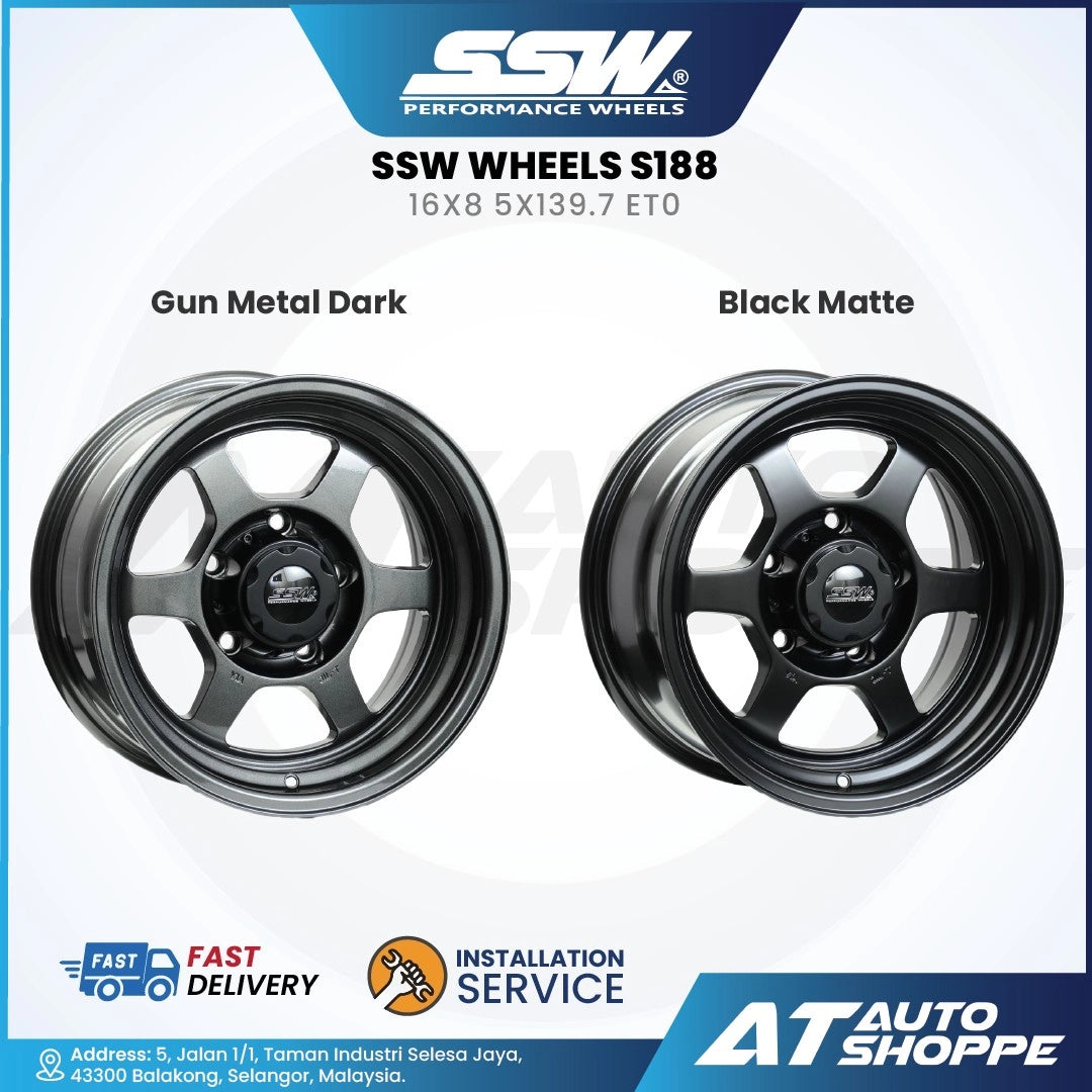 Two SSW Wheels S188 options in Gun Metal Dark and Black Matte on a white background with SSW logo and AT Auto Shoppe branding.