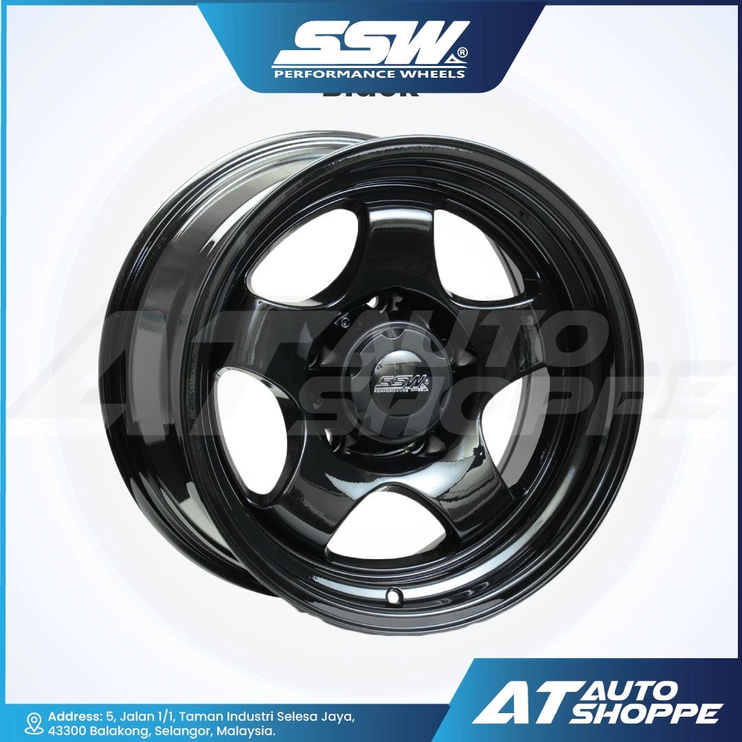 Black alloy wheel with SSW Performance Wheels logo on a white background
