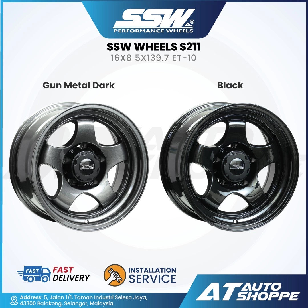 Two SSW Wheels S211 rims, one gun metal dark and one black, on a white background with SSW logo and AT Auto Shoppe branding.