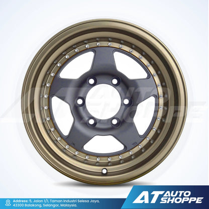 Car wheel rim with gold and black finish on a white background, featuring AT Auto Shoppe branding.
