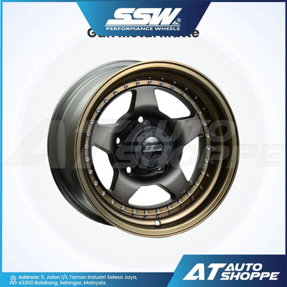 Car wheel rim with gold accents on a white background, featuring SSW Performance Wheels logo.
