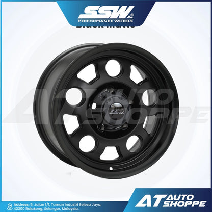 Black alloy wheel with SSW Performance Wheels logo on a white background