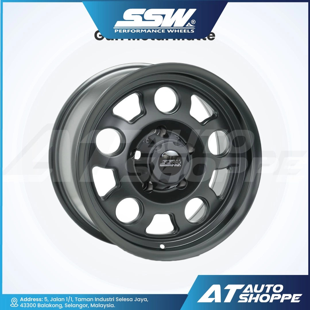 Black alloy wheel on a white background with SSW Performance Wheels logo.