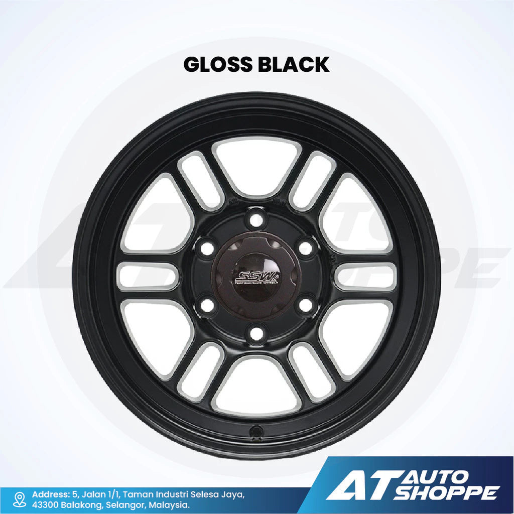 Gloss black alloy wheel on a white background with AT Auto Shoppe branding.