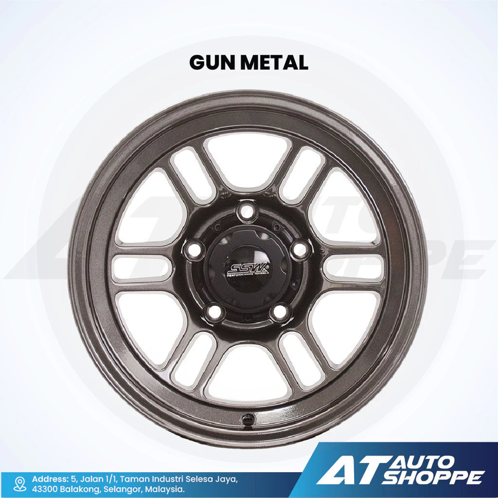 Gun metal alloy wheel on a white background with AT Auto Shoppe branding.