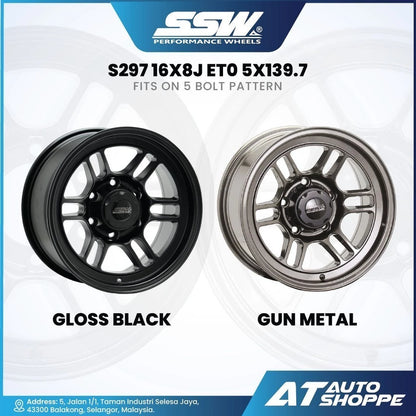 Two car wheels, one gloss black and one gun metal, with SSW Performance Wheels branding.
