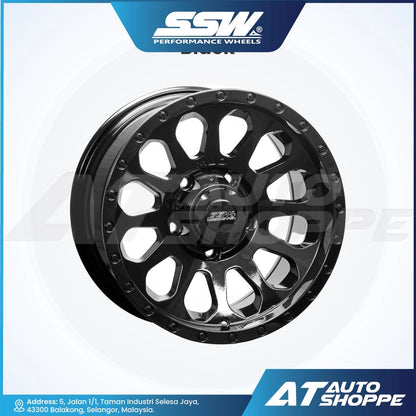 Black alloy wheel with 'SSW Performance Wheels' and 'AT Auto Shoppe' branding on a white background.
