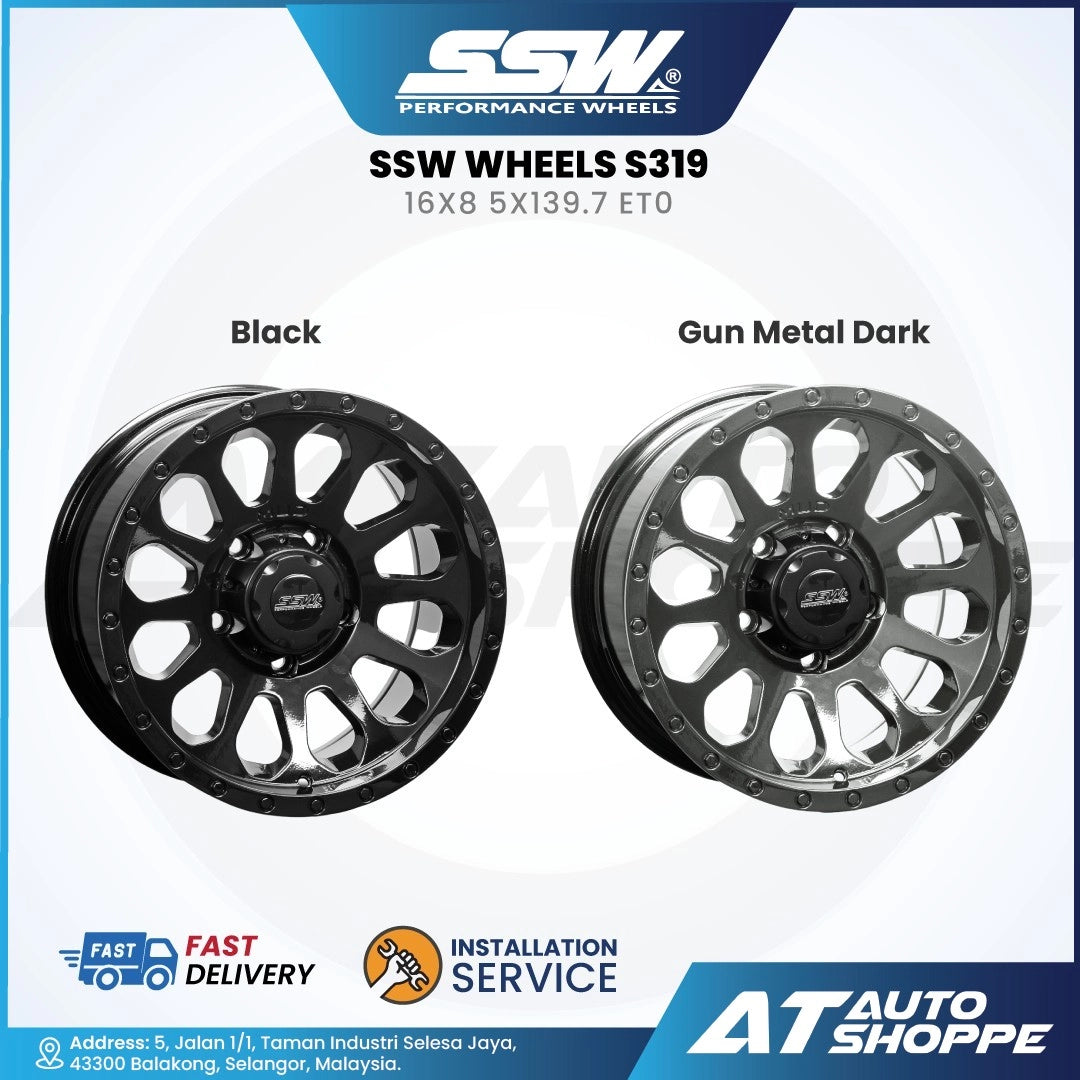 SSW Wheels S319 with black and gun metal dark finishes on a white background, featuring SSW logo and AT Auto Shoppe branding.