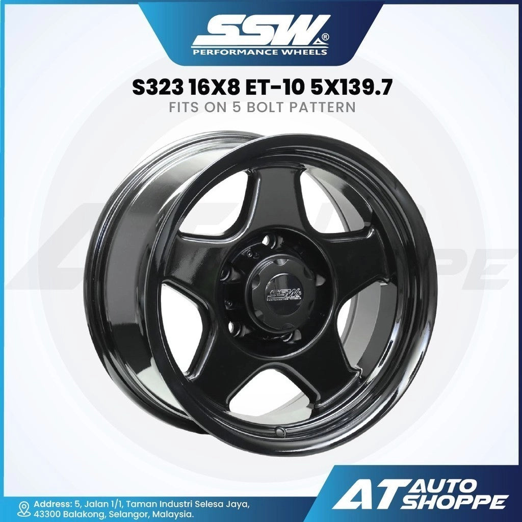 Black alloy wheel with specifications on a white background, featuring SSW Performance Wheels branding.