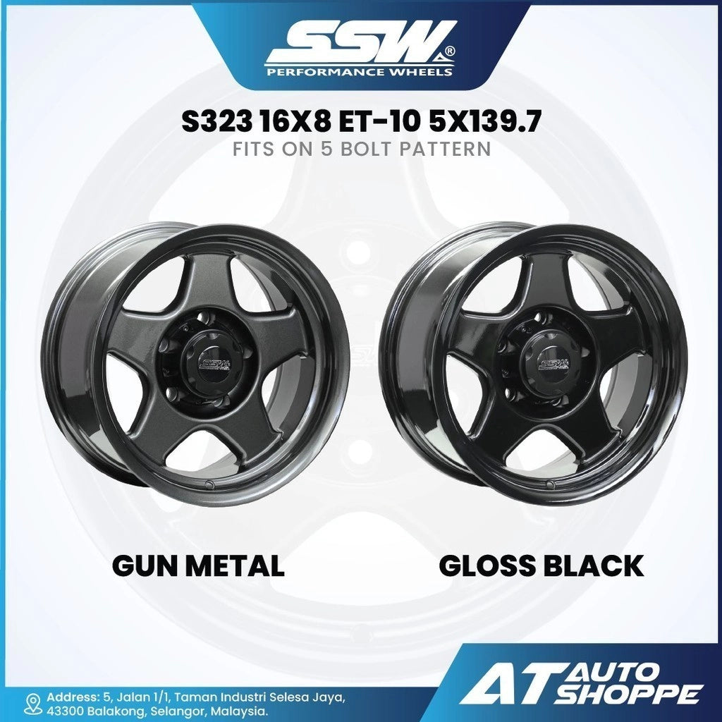 Two car wheels, one gun metal and one gloss black, with SSW Performance Wheels branding.