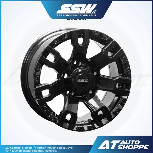 Black alloy wheel with SSW Performance Wheels logo on a white background