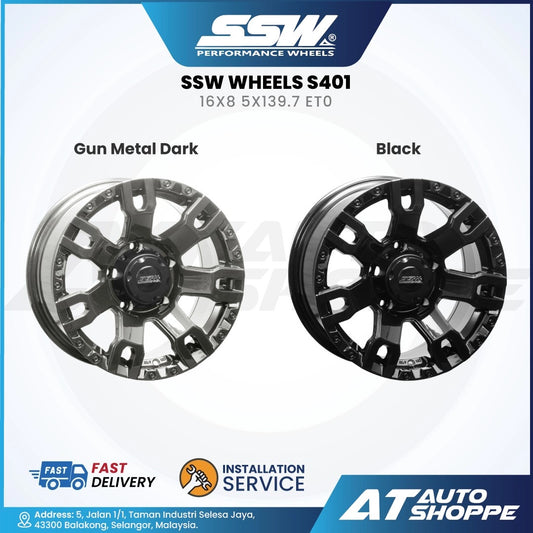 SSW Wheels S401 with two color options on a white background, featuring SSW logo and AT Auto Shoppe branding.