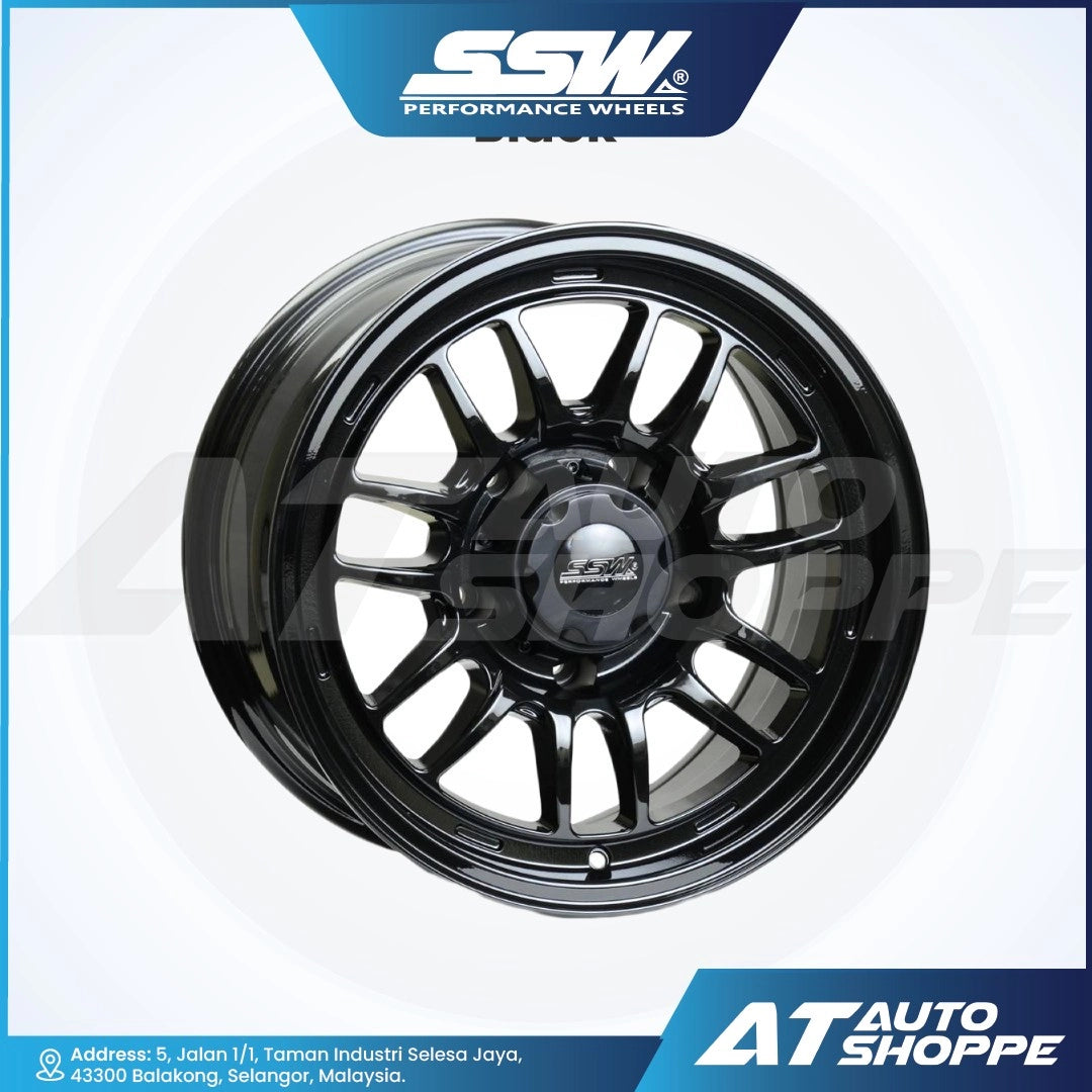Black alloy wheel with SSW Performance Wheels logo on a white background