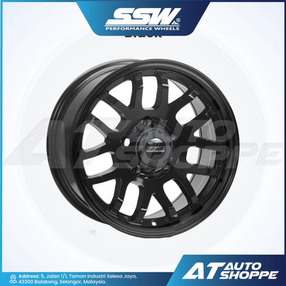 Black alloy wheel with SSW Performance Wheels logo on a white background