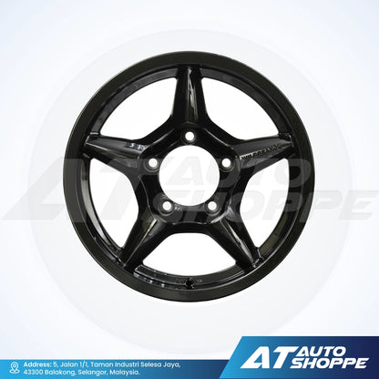 Black alloy wheel on a white background with AT Auto Shoppe branding.
