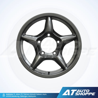 Black alloy wheel on a white background with AT Auto Shoppe branding.