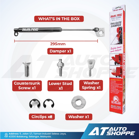 Product packaging with SUSTEC damper and components on a white background, featuring AT Auto Shoppe branding.