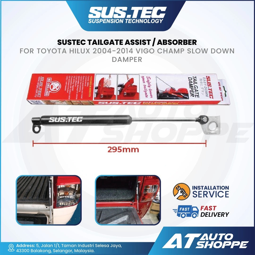 SUSTEC tailgate assist absorber for Toyota Hilux with packaging and installation service details.
