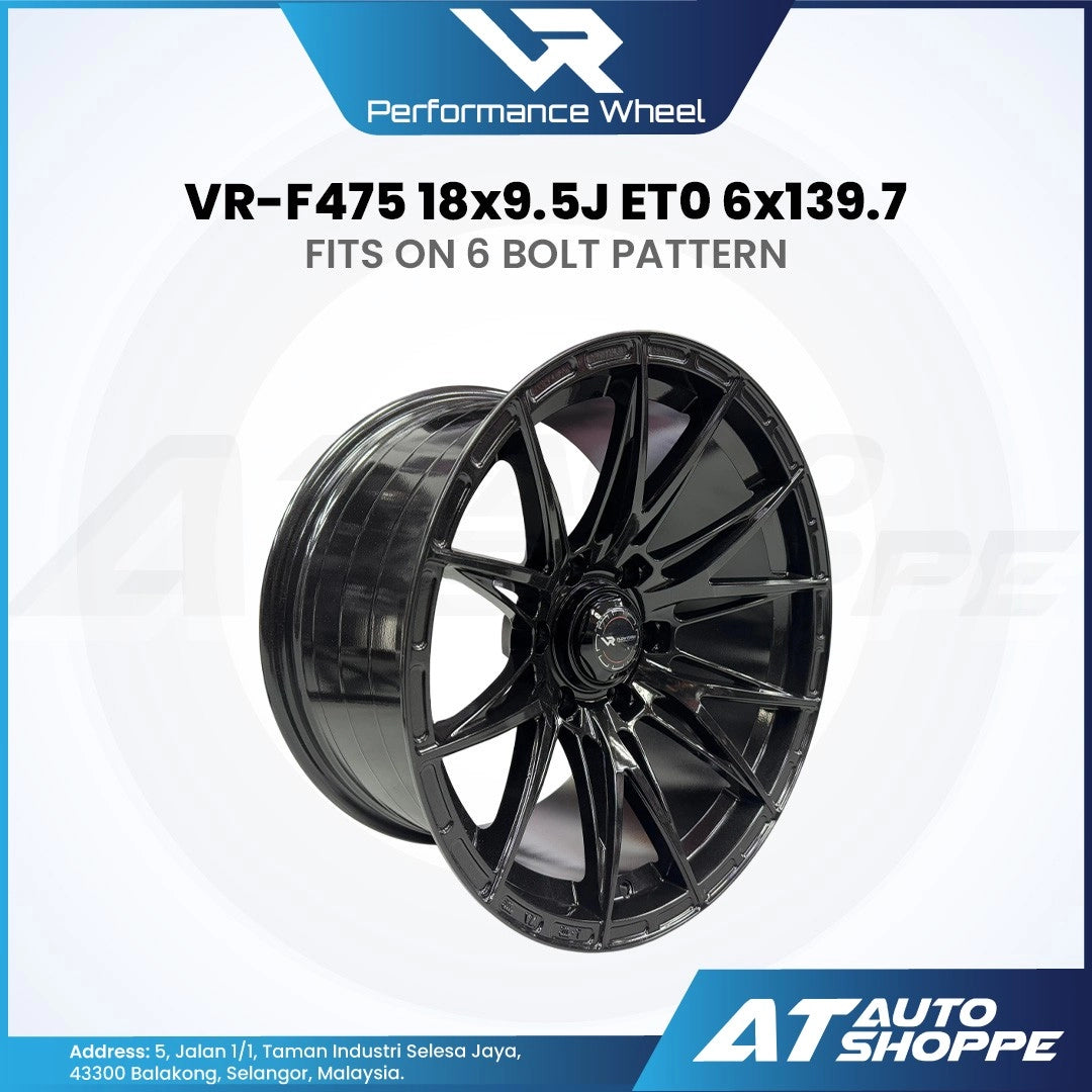 Black alloy wheel with specifications on a white background, featuring the VR Performance Wheel logo and AT Auto Shoppe branding.