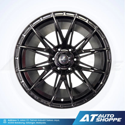 Black alloy wheel on a white background with AT Auto Shoppe branding.