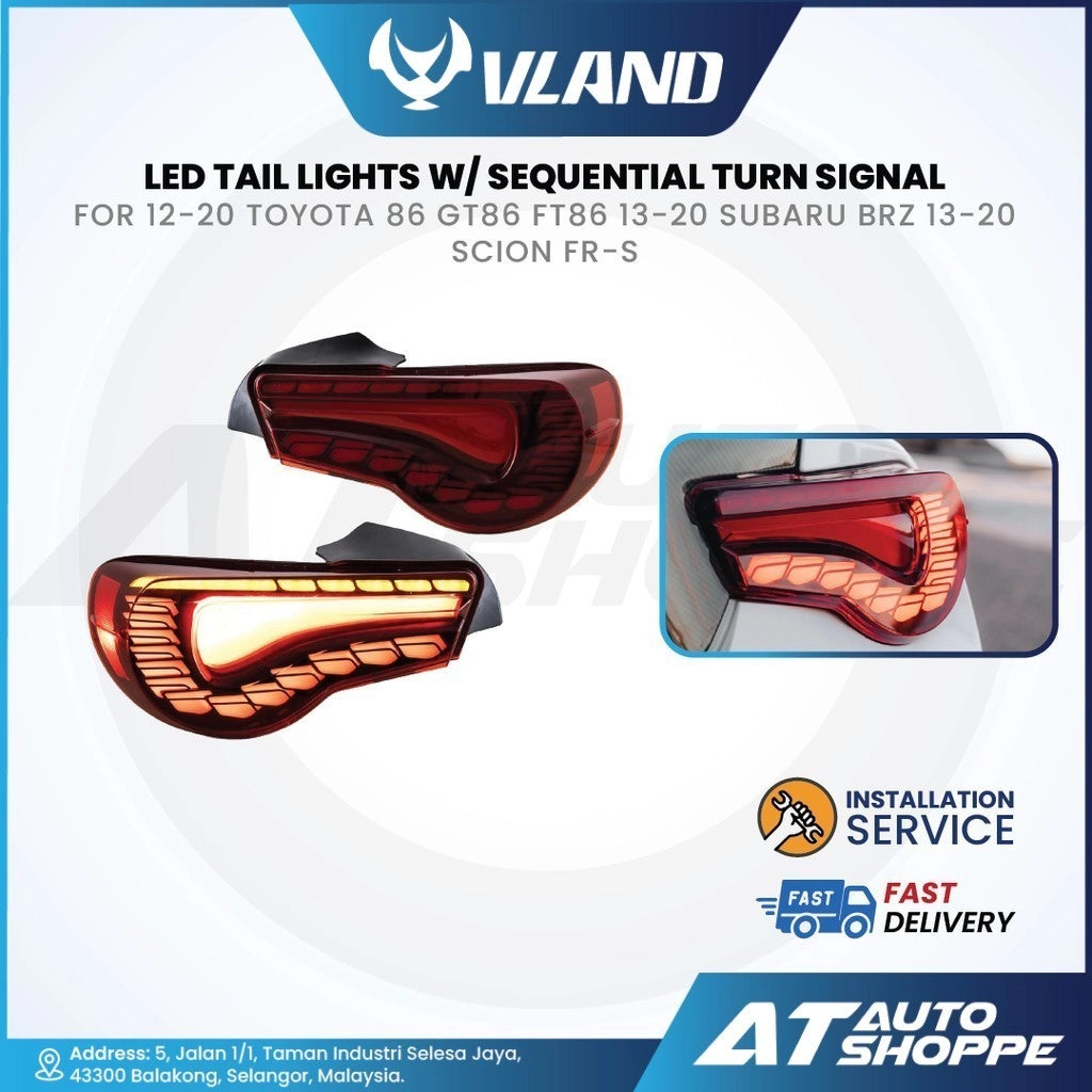 Vland LED tail lights with sequential turn signal for Toyota and Subaru vehicles, featuring AT Auto Shoppe branding.