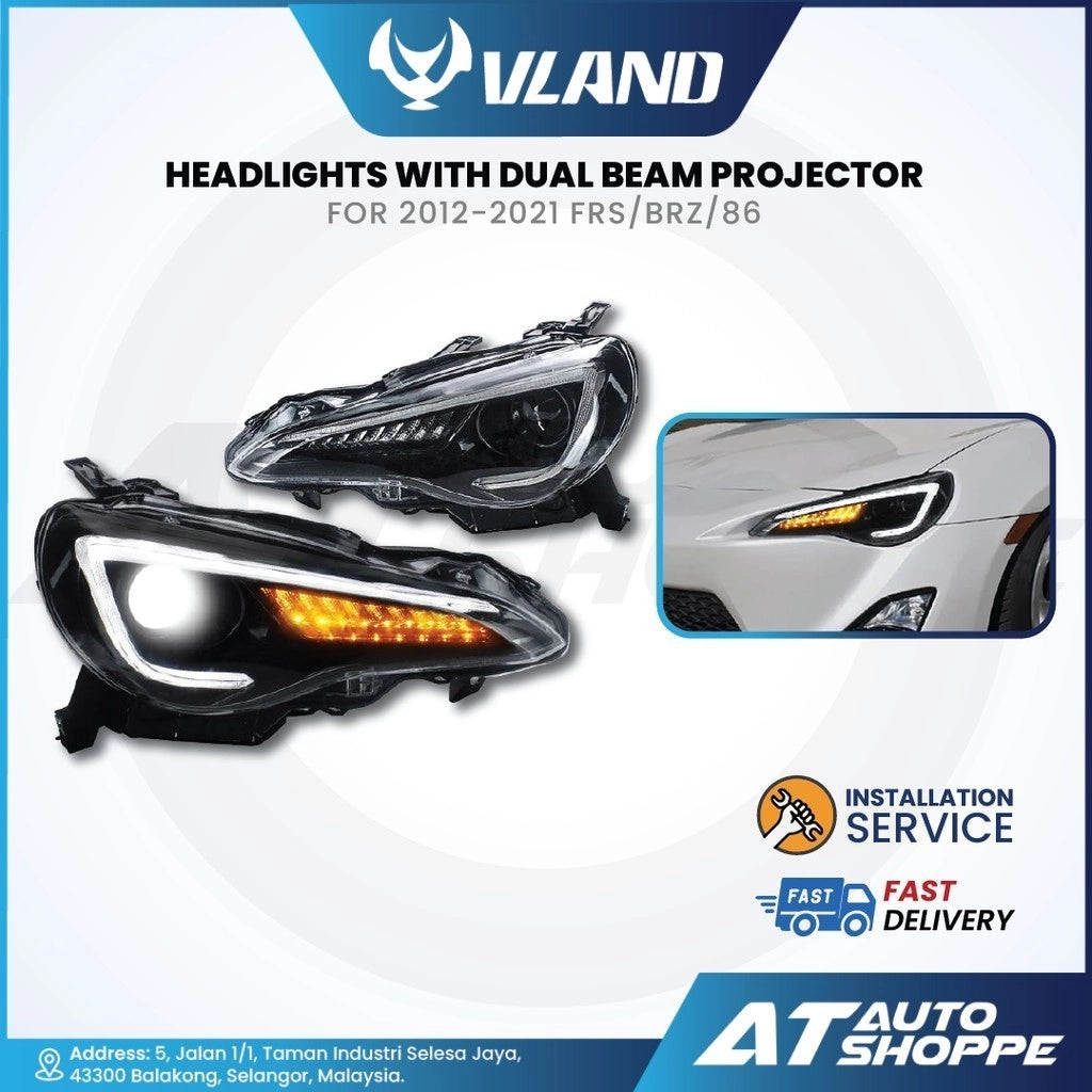Vland headlights with dual beam projector for 2012-2021 FRS/BRZ/86 on a white background.