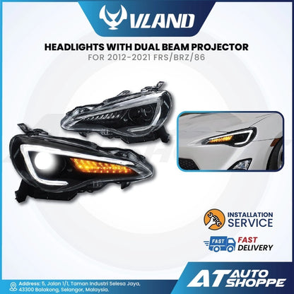 Vland headlights with dual beam projector for 2012-2021 FRS/BRZ/86 on a white background.