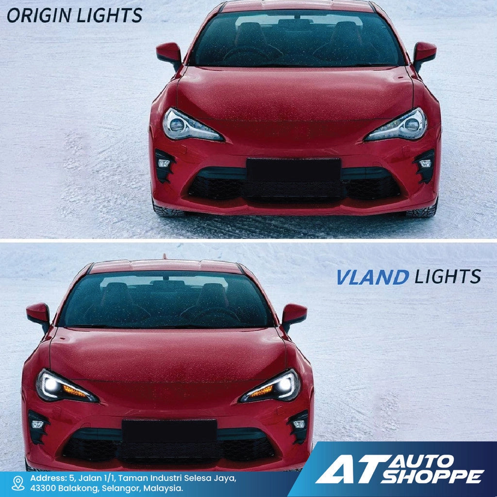 Vland Lights on a snowy background compared with original lights, featuring AT Auto Shoppe branding.