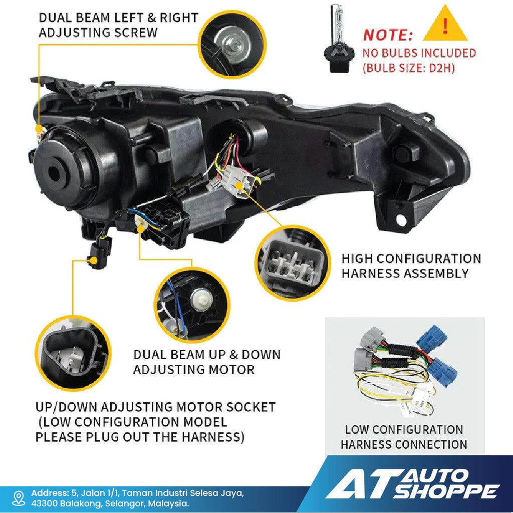 Car headlight assembly with labeled parts and AT Auto Shoppe branding.