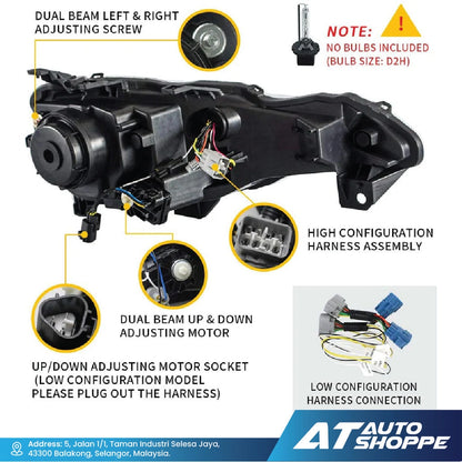 Car headlight assembly with labeled parts and AT Auto Shoppe branding.