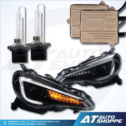 Automotive parts including headlights, bulbs, and connectors on a white background with AT Auto Shoppe branding.