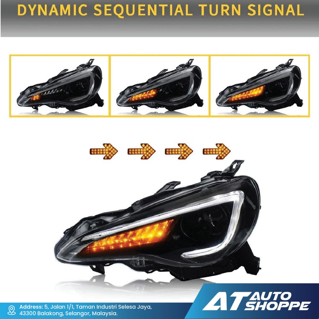 Vland headlight with dynamic sequential turn signal feature, showing three stages of activation.